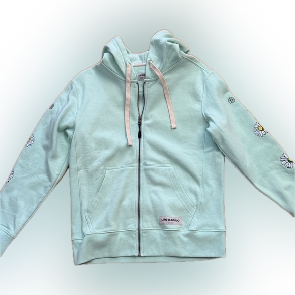 Life Is Good Tops - Life Is Good Mint Hoodie with Daisy 🌼 Sleeves & Pink Tag